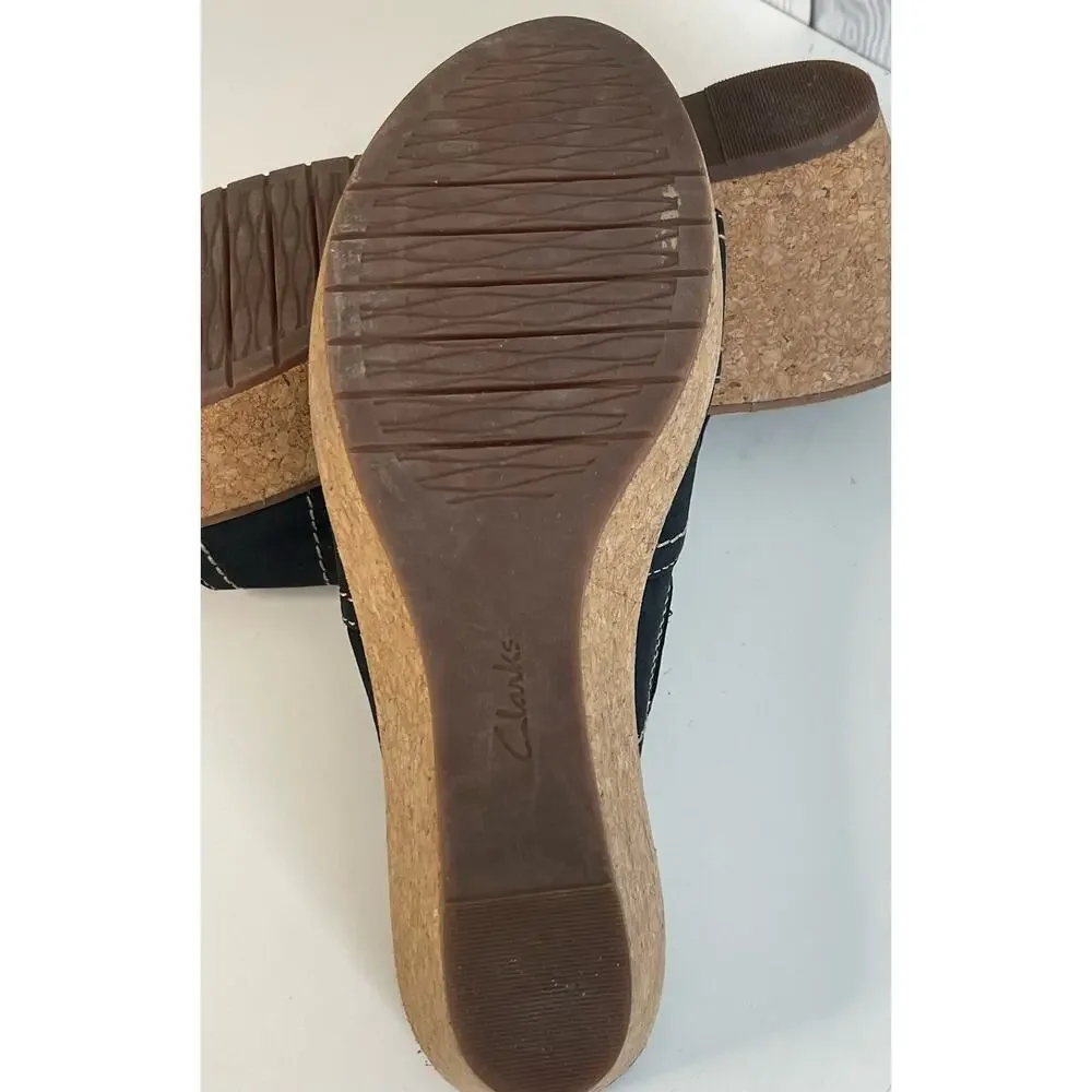 Clarks artisan Black Slip On Wedge Heel Aandals Cork Women’s Size 10 WIDE
